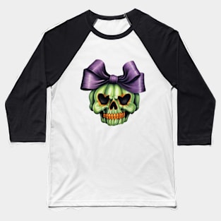 Cute Halloween green Skull with big bow Baseball T-Shirt